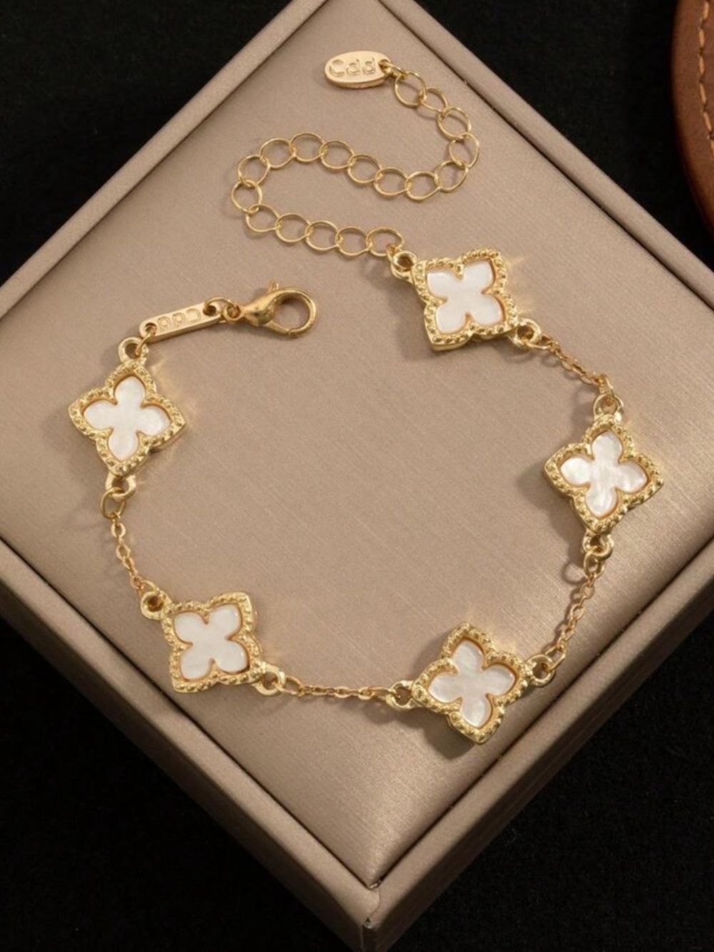Gold & White Clover Link Bracelet, White Clover Bracelet